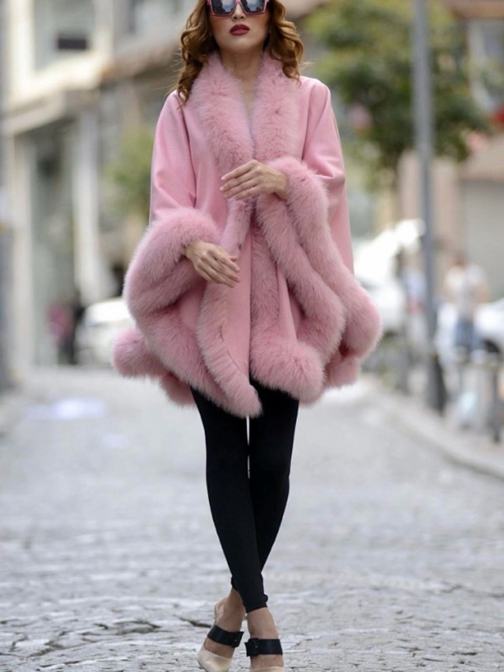 Luxurious Pink Faux-Fur Trim Cape Coat - Women's Chic Wrap